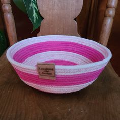 Pink and white rope bowl with brown tag reading Laughing Girl Design on a wooden chair Rope Bowl With Embroidery, Rope Bowls, Cotton Rope, Staying Organized, Stay Organized, Small Batches, Declutter, Design Crafts, Pink And White