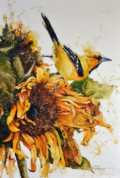 a painting of sunflowers and two birds