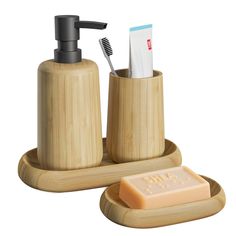 a soap dispenser, toothbrush holder and soap bar on a white background