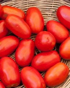 a basket filled with lots of red tomatoes