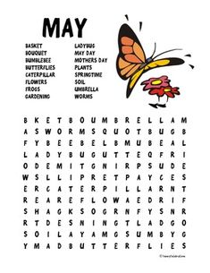 a printable may word search is shown in black and white with an orange butterfly