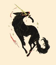 a drawing of a black horse with horns and stars on it's back legs