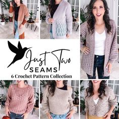 six photos of different styles of sweaters with text that reads just shaw, 6 crochet pattern collection