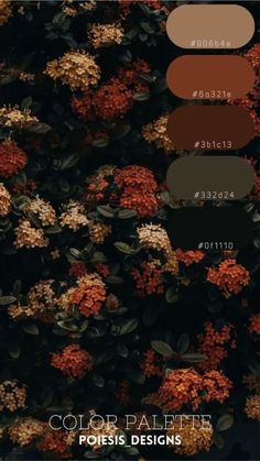 the color palette is brown, orange, and green with some white flowers on it