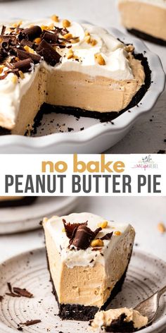 no bake peanut butter pie on a plate with a slice cut out and ready to be eaten