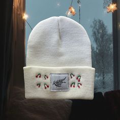 Cherries hand embroidered branded beanie. Acrylic knit beanie by Port & Company with woven Wild Fern label sewn on the front fold with hand done cherry design. Color options listed above. ALSO AVAILABLE IN LIGHT PINK UPON REQUEST. Available in unisex adult sizing. White Knitted Hat For Streetwear, Embroidered Cotton Beanie, One Size Fits Most, Embroidered Cotton Beanie One Size, Embroidered Cotton Beanie One Size Fits Most, Embroidered Cotton Beanie, Embroidered Cotton Beanie (one Size Fits Most), Winter Embroidered Cotton Hat, Warm White Cotton Hat, Casual White Cotton Bonnet