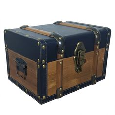 an old - fashioned wooden trunk with leather straps and brass hardwares is shown on a white background