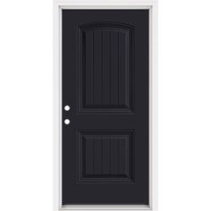 a black door with white trim and two round knobs on the front side panel