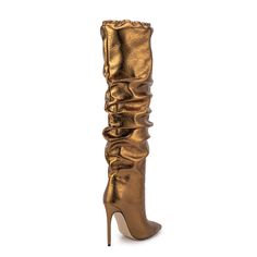 Shop Bronzing-gold Shiny Fashion Knee High Boots Pointed Toe Stiletto Heel Slouch Boots color Golden for Anniversary, Dancing Club, Going out with worldwide Free shipping & Free return. Gold Knee-high Boots For Fall, Chic Gold Fitted Heels, Chic Fitted Gold Heels, Gold Round Toe Heels For Night Out, Gold Luxury Heeled Boots With Pointed Toe, Luxury Gold Heeled Boots With Pointed Toe, Elegant Gold Knee-high Boots For Party, Gold Heels With Wrapped Heel For Cocktail, Gold Wrapped Heel Cocktail Heels