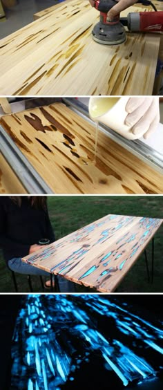 the process of making a table is shown in three different stages, including cutting and sanding