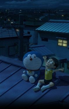 an animated character on the roof of a building with another character in front of him