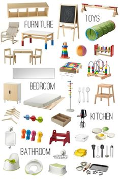 an assortment of wooden furniture and toys for children to play with in the kitchen or bedroom