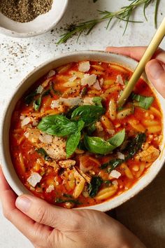 two hands holding a bowl of pasta soup with basil and parmesan cheese on top