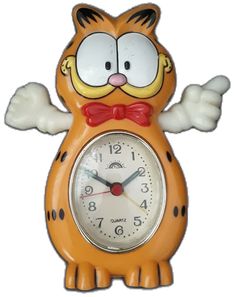 an orange cat clock with its arms out and eyes wide open in front of it's face