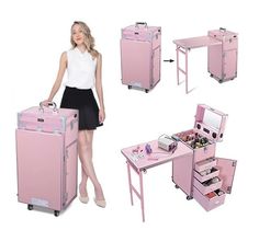 a woman standing next to a pink vanity and desk with drawers on both sides, in front of a white background