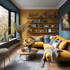 a living room with yellow couches and blue walls