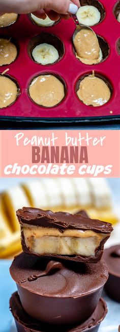 peanut butter and banana chocolate cups in a muffin tin