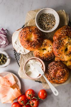 bagels and tomatoes on a table with text overlay that reads, 5 ingredient low carb keto bagels