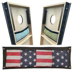 two beds with american flags on them and one has a hole in the wall to open it