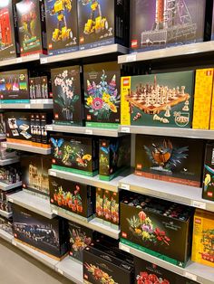 the shelves are filled with legos for sale