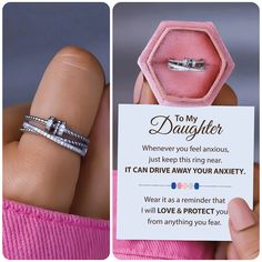 DESCRIPTIONOur beautiful fidget ring is the perfect way to express your everlasting love and encouragement to your beautiful daughter. It is designed to provide a calming sensory experience that helps to reduce stress and anxiety. Keep your daughter's hands busy and mind focused.GIFTS FROM THE HEARTEach piece comes with a heartwarming message card and a premium jewelry box, gift packed and ready to give. MESSAGE CARD TEXT"To my daughter, Whenever you feel anxious, just keep this ring near. It ca Daughter Ring, Holiday Offer, Mother Daughter Gifts, Daughter Jewelry, Fidget Rings, Back To School Gifts, School Gifts, Daughter Gifts, Message Card