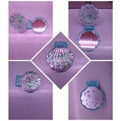 four different images of decorative items on a purple surface, including a bottle and two seashells