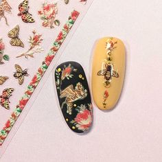 Decorate your nails with lovely red roses and buzzing bees! Designs include garden roses, rose buds, bees, butterflies, moths and tigers with wings. This sticker is perfect for creating floral nails and fashion house inspired nail designs. These premium 3D nail art stickers have a raised texture with some thickness to give your nail design an embossed look. They're made with flexible adhesive material that can bend to fit your natural nail curves. Sheet Size: 8 x 10.5cmApplication:Use tweezers t Floral Sticker Nails, Nails With Gold Stickers, Nail Sticker Ideas, Embossed Nail Art, Bee Nails, Gucci Nails, Creativity Inspiration, Semi Permanente, Nail Art Stickers Decals