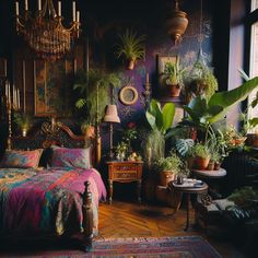 a bed room with a neatly made bed and lots of plants