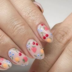 Multi Colored Nail Art, Two Finger Nail Art, Nail Ideas Cute Design, Summer Biab Nail Ideas, Nail Designs Every Nail Different, Short Nails Fruit, Summer Minimal Nails, Fruit Acrylic Nails Design, Fruity Nails Summer