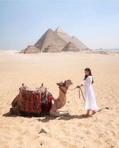 a woman standing next to a camel in front of the pyramids at giza