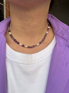 Gorgeous choker necklace with square amethyst gemstone bead. Tender combination of purple, pearls and silver makes this necklace perfect both for everyday wear and holidays. It's original jewelry, beaded by hand, using only natural gemstone beads. You can also combine in a lot of ways with your own jewelry and your casual or festive outfits. LENGTH: custom +3 cm exstension chain. CLOSURE: lobster clasp. MATERIALS: beading wire, 925 silver furniture, silvered stainless steel closure furniture, 4- Purple Pearl Single Strand Jewelry, Purple Pearl Single Strand Necklace, Purple Single Strand Pearl Jewelry, Purple Round Beads Pearl Necklace For Gift, Purple Amethyst Gemstone Beads Pearl Necklace, Purple Amethyst Pearl Necklace With Gemstone Beads, Adjustable Purple Pearl Necklace, Purple Single Strand Pearl Necklace, Purple Gemstone Pearl Necklace Gift