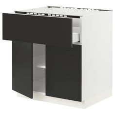 a black and white cabinet with doors open