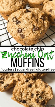 chocolate chip zucchini oat muffins on a cooling rack with text overlay