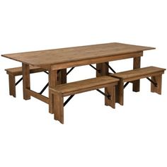 a wooden picnic table with benches on each side