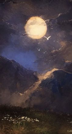 a painting of a full moon in the night sky