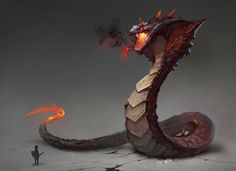 an image of a dragon with fire coming out of it's mouth and two people standing in the background