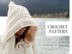 a woman wearing a white knitted hat next to the water with text overlay that reads crochet pattern