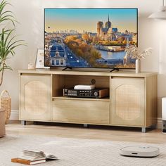 a flat screen tv sitting on top of a wooden entertainment center next to a potted plant