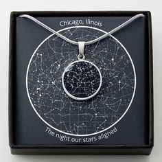 "Thank you for considering my small business for your purchase. Celebrate a special occasion with the celestial night sky collection. Our personalized circle pendant necklace and custom message card is perfect for celebrating your wedding date, first kiss, first date, anniversary, birthday and more! Use the Personalization option or ETSY message to send us the date and location and we'll customize your one of a kind necklace and message card for you! For the custom engraving on the back option, Circle Pendant Necklace Silver, Spring Wishlist, Sky Collection, Pendant Necklace Silver, Luxury Necklace, Circle Pendant Necklace, Working Mother, Star Jewelry, Map Design