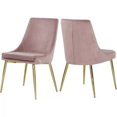 pair of pink velvet chairs with gold metal legs and backrests, side view