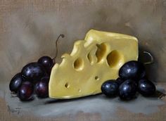 a painting of cheese and grapes on a table