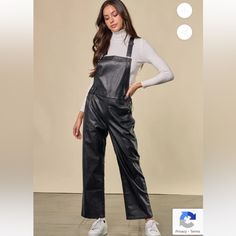 Leather Jumpsuit Overalls Size Medium Ordered From An Online Boutique Nwt Super Cute! Would Be Best For Size 4-6 Leather Overalls Women, Casual Medium Wash Bib Front Jumpsuit/romper, Bandeau Jumpsuit, Linen Overalls, Suit Jumpsuit, Leather Jumpsuit, Black Playsuit, Long Sleeve And Shorts, Strapless Jumpsuit