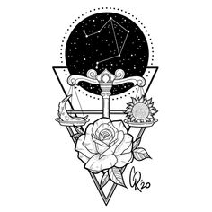 a black and white drawing of a rose with the zodiac sign on it