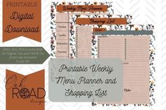 the printable weekly menu planner and shopping list is shown in three different colors, including orange