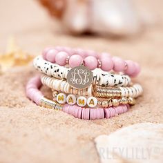 Colorful Clay Bead Bracelet, Bracelet Bar, Stacked Bracelet Ideas, 2024 Bracelet Trends, Mothers Day Beaded Bracelets, Stackable Bracelets For Mother's Day, Beaded Bracelet Stacks, Name Bracelets, Mommy And Me Necklace