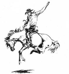 a black and white drawing of a man on a horse with his arms in the air