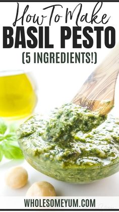 pesto in a wooden spoon with basil leaves and olives on the side text reads how to make basil pest 6 ingredients