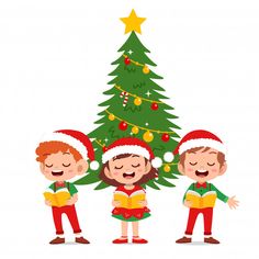 three children sing christmas carols in front of a christmas tree with an ornament on it