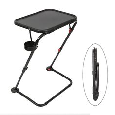 a black folding stool with wheels on it and the seat folded up to show the back end