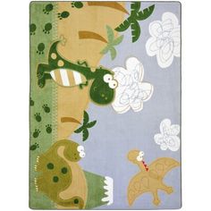 a rug with dinosaurs and flowers on it